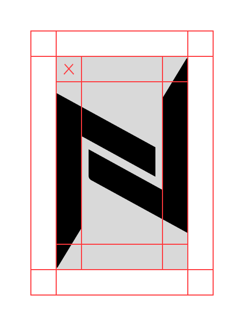 Símbolo Innova com guias da área de proteção — quatro módulos em cada borda formam a zona livre obrigatória.
