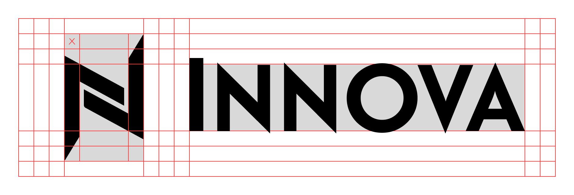 Construção da assinatura horizontal — símbolo + wordmark INNOVA com cotas em módulos.