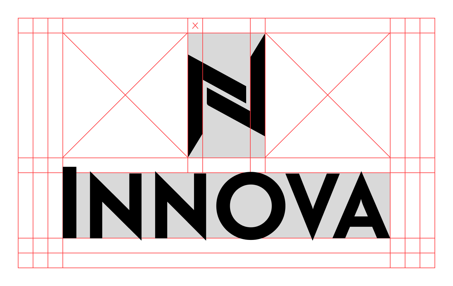 Construção da assinatura vertical — símbolo sobre wordmark INNOVA, com proporções modulares.