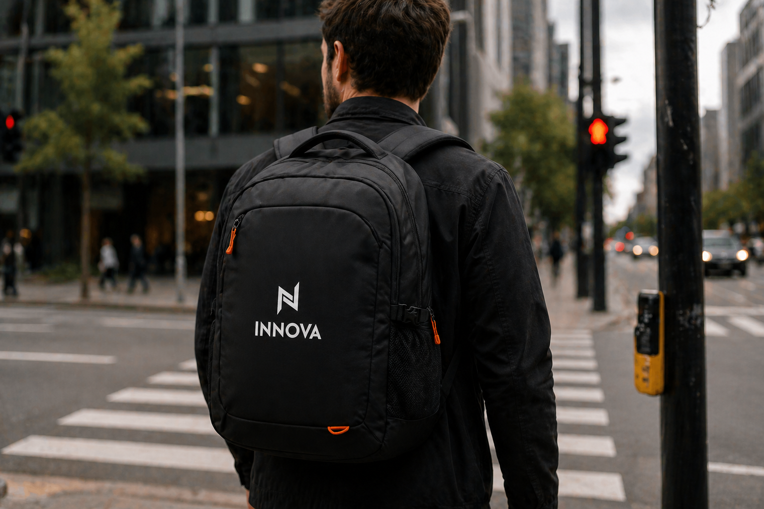 Colaborador atravessando rua urbana com mochila Innova nas costas