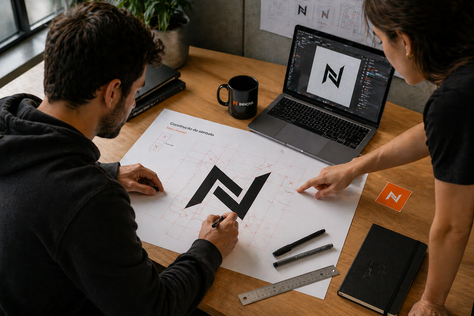 Designer revisando o símbolo Innova sobre uma prancha impressa com a malha modular construtiva, segundo designer aponta para um cruzamento da grade