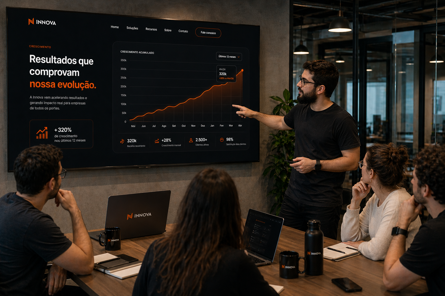 Apresentação corporativa da Innova em sala de reunião, com tela exibindo o site institucional e equipe ao redor da mesa