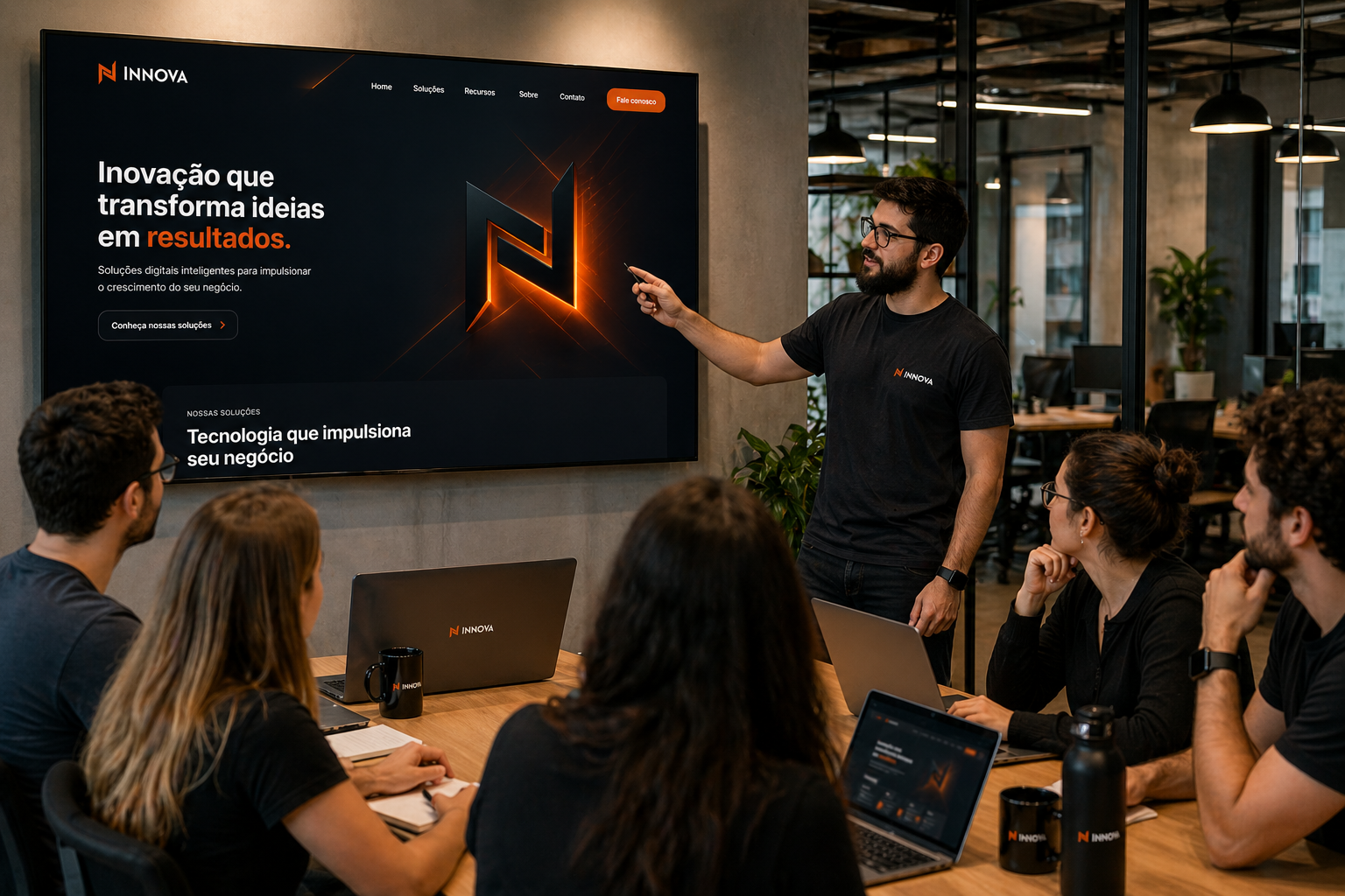 Apresentação corporativa em sala de reunião, com tela exibindo o site da Innova e equipe ao redor da mesa