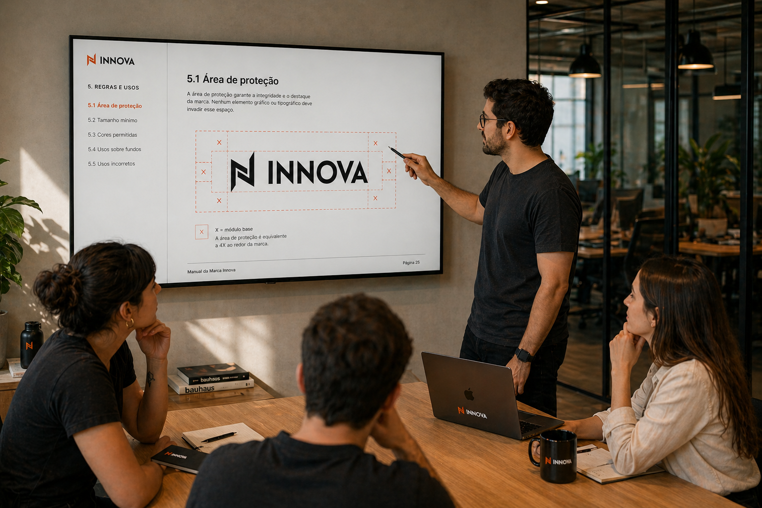 Dois designers em sala de reunião revisando a assinatura horizontal Innova com guias de área de proteção exibidos em um monitor de parede