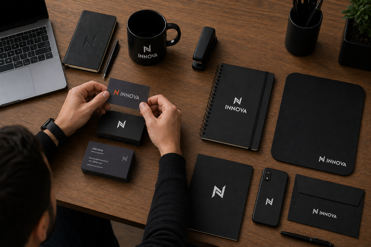 Vista superior de mesa com cadernos, cartões de visita, mousepad, caneca e capas com a marca Innova