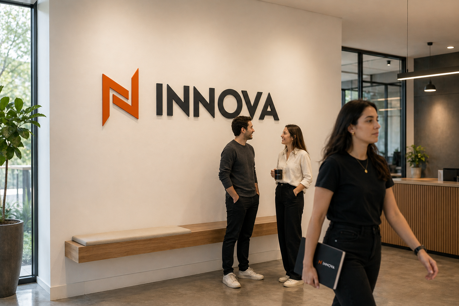 Recepção da Innova com a assinatura horizontal cromática aplicada em grande escala na parede branca, colaboradora caminhando em primeiro plano